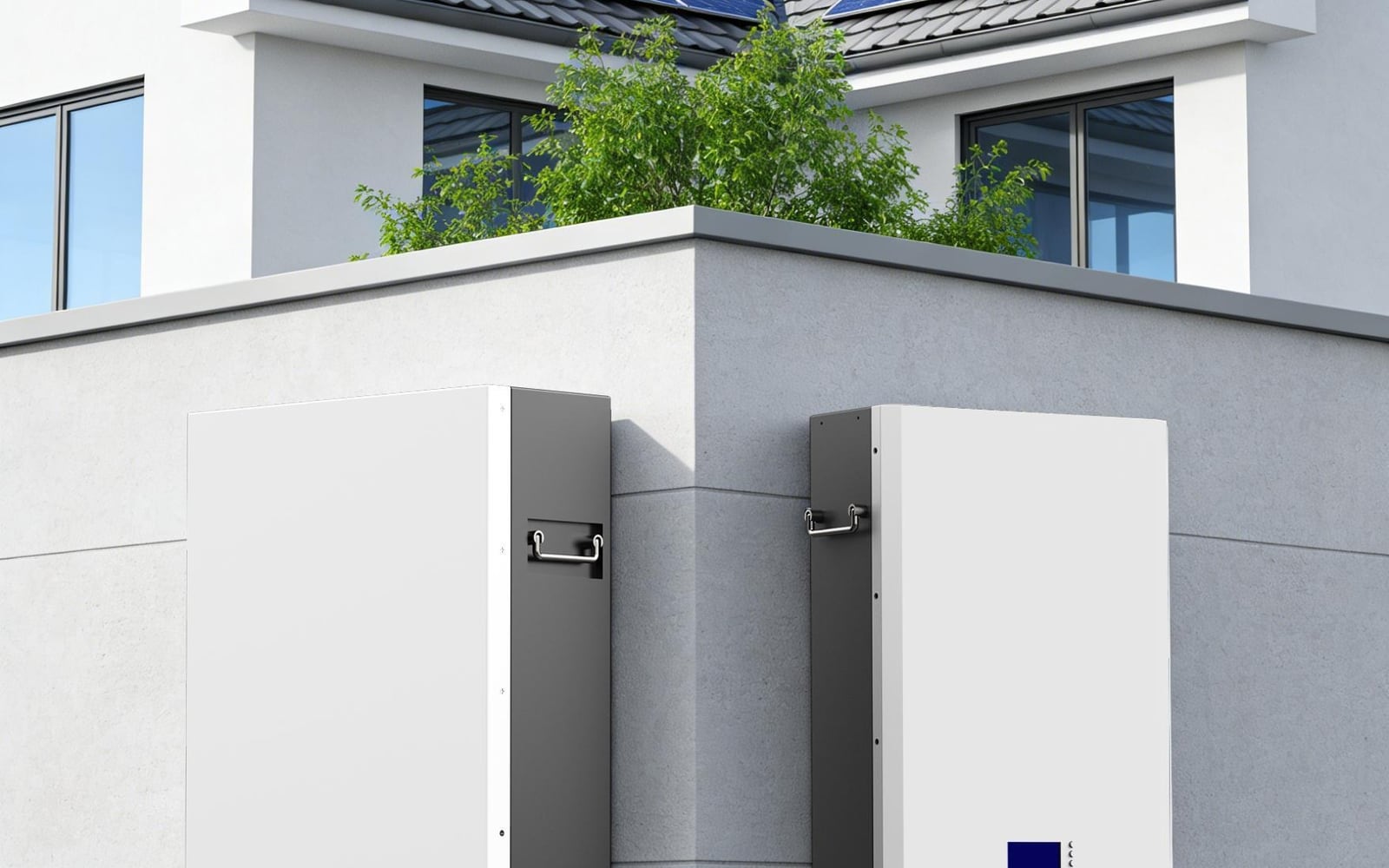 Wall-mounted residential energy equipment beside a solar-equipped home